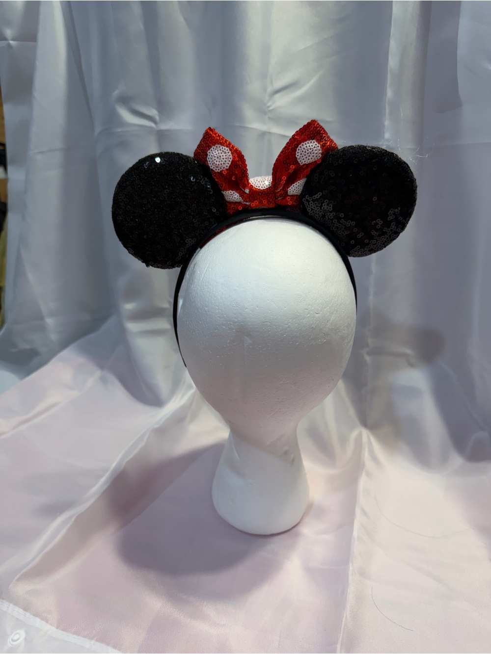 Minnie Mouse Disney Red Sequin Polka Dot Bow Headband with Black Sequin Ears - Picture 3 of 3